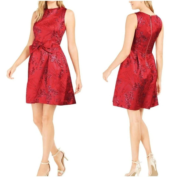 NWT Tahari ASL Red Metallic Jacquard A-Line Dress $158 - Picture 1 of 13